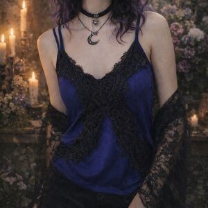 Express Blue Lace Trim Camisole Tank Small Criss Cross Strap Stretch Whimsigoth